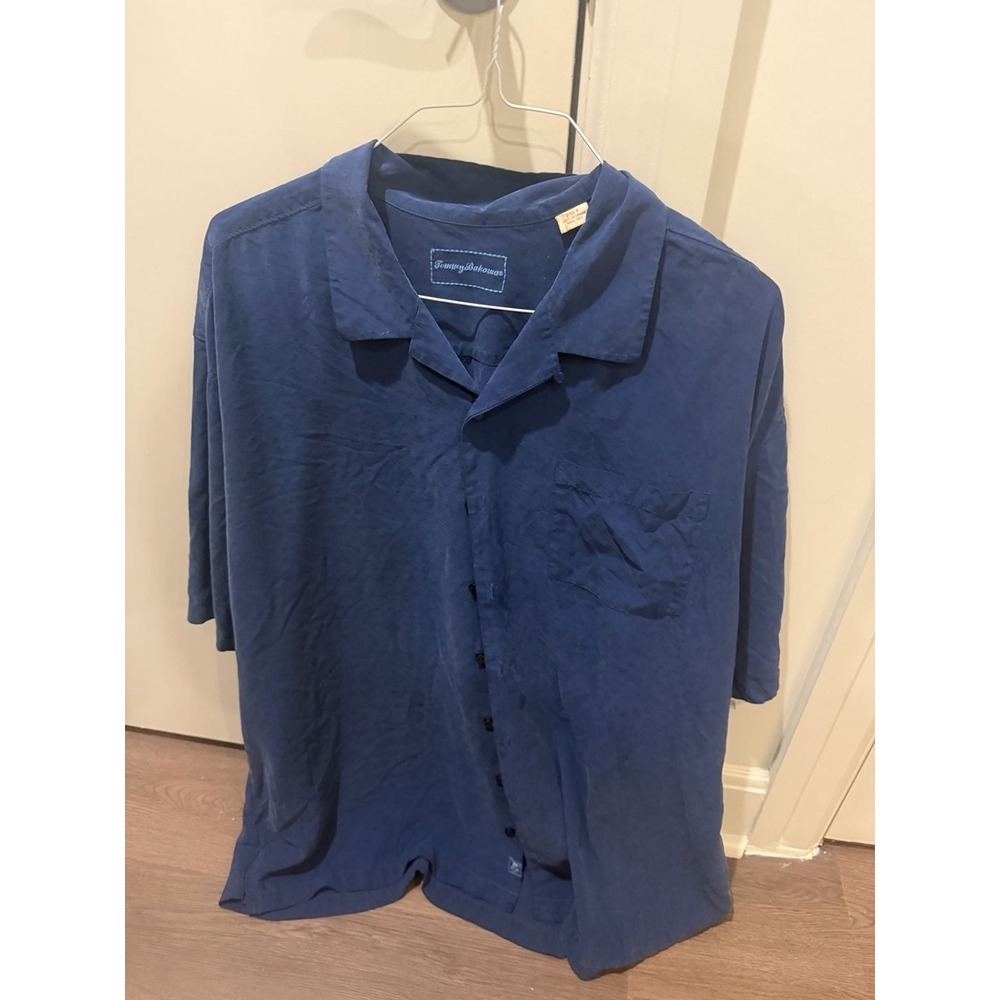 Tommy Bahama Mens 2XLT Navy Blue 100% Silk Short Sleeve Camp Shirt Pocket‎